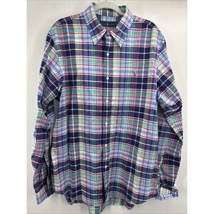Ralph Lauren Long‎ Sleeve Plaid Oxford Shirt Mens Size XL Blue Red Flesh Pony